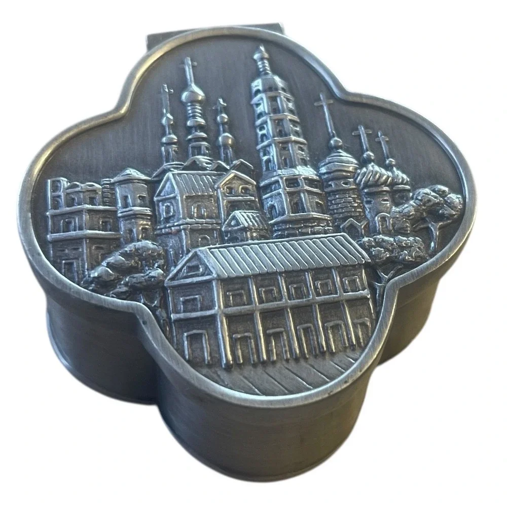 Vintage Pewter Russian Orthodox Cathedral Trinket Box Hinged Quatrefoil Silver
